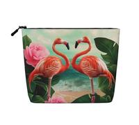 Trousse de maquillage de voyage avec deux flamants roses en imitation lin étanche pour femme, Noir , Taille unique, Trousse de maquillage