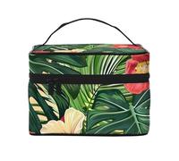 Trousse de maquillage de voyage avec feuilles de végétation et fleurs d'hibiscus - Organiseur de maquillage portable spacieux avec poignée - Grande capacité - Cadeau pour femmes et filles, Noir