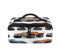 Trousse de maquillage de voyage avec imprimé Monster Trucks - Portable et étanche - Trousse de toilette plate ouverte - Organiseur de voyage pour femme et homme