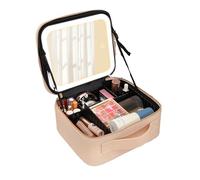 Trousse de maquillage de voyage avec miroir LED, étui de maquillage en cuir synthétique pour artistes de maquillage, vernis à ongles, sac de rangement portable, cadeau pour filles et femmes, beige