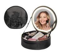Trousse de maquillage de voyage avec miroir LED - Petite trousse de maquillage ronde noire rechargeable et portable - Batterie de 2000 mAh - 3 scénarios de couleur - Séparateurs de luminosité