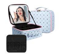 Trousse de maquillage de voyage avec miroir LED rotatif à 360°, organiseur de maquillage étanche, étui de maquillage, cadeau pour femmes, filles, Bleu+rose, 23CM*26CM*13CM, Tendance