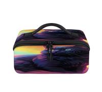 Trousse de maquillage de voyage avec motif chat noir abstrait arc-en-ciel - Pochette étanche et ouverte - Trousse de toilette plate ouverte - Organiseur de voyage pour femme et homme