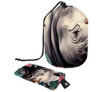 Trousse de maquillage de voyage avec motif floral rhinocéros - Portable et pliable - Multifonctionnel - Organiseur rond, Art Flowers Rhino, 9.9x6.9in/25.2x17.6cm;6x3.5in/15.2x8.8cm, Élégant