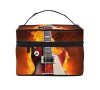Trousse de maquillage de voyage avec motif guitare rock brûlée, étui de rangement portable avec poignée pour femmes et filles, Noir , Taille unique, Trousse de maquillage