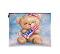 Trousse de maquillage de voyage avec motif ours câlin, étoiles et rayures avec fermeture éclair pour femme, style peluche mignon, organiseur de toilette pour jour de l'indépendance, beige, 7x9 Inch