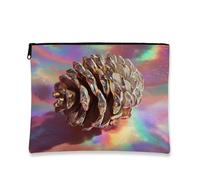 Trousse de maquillage de voyage avec pommes de pin holographiques pour femme, petite trousse de rangement portable à fermeture éclair, sac de rangement cadeau inspiré de la nature pour festivals d'été