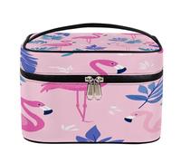 Trousse de maquillage de voyage de grande capacité avec poignée et corde élastique fixe, motif flamant rose violet, Flamant rose feuille violette, Taille unique, Trousse de maquillage