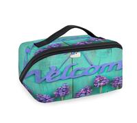 Trousse de maquillage de voyage en bois avec panneau de bienvenue pour femmes, hommes, filles, garçons, trousse de toilette, trousse de toilette portable, organisateur d'articles de toilette, trousse