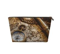 Trousse de maquillage de voyage en cuir avec boussole et cartes marines anciennes - Fermeture éclair dorée - Étanche - Pour un usage quotidien et les voyages, doré, Taille unique, Trousse de toilette