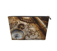 Trousse de maquillage de voyage en cuir avec boussole et cartes marines anciennes - Fermeture éclair dorée - Étanche - Pour un usage quotidien et les voyages, Argenté., Taille unique, Trousse de