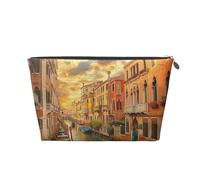 Trousse de maquillage de voyage en cuir avec de belles impressions sur le canal de Venise - Fermeture éclair dorée imperméable pour un usage quotidien et les voyages, Argenté., Taille unique, Trousse