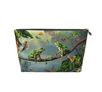 Trousse de maquillage de voyage en cuir avec de nombreuses grenouilles chantant sur les branches et papillons - Fermeture éclair dorée - Étanche - Pour un usage quotidien et les voyages, Argenté