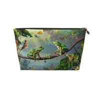 Trousse de maquillage de voyage en cuir avec de nombreuses grenouilles chantant sur les branches et papillons - Fermeture éclair dorée - Étanche - Pour un usage quotidien et les voyages, doré, Taille