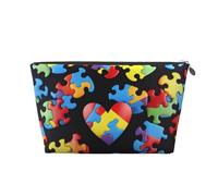 Trousse de maquillage de voyage en cuir avec éléments de sensibilisation à l'autisme, pièces de puzzle, imprimé cœur, fermeture éclair dorée, trousse de toilette étanche pour un usage quotidien et les