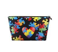 Trousse de maquillage de voyage en cuir avec éléments de sensibilisation à l'autisme, pièces de puzzle, imprimé cœur, fermeture éclair dorée, trousse de toilette étanche pour un usage quotidien et les