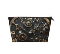 Trousse de maquillage de voyage en cuir avec engrenages et horloge - Imprimé siècle - Fermeture éclair dorée - Étanche - Pour un usage quotidien et les voyages, doré, Taille unique, Trousse de