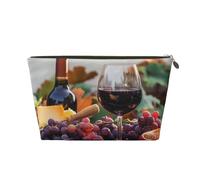 Trousse de maquillage de voyage en cuir avec galsses de vin rouge et raisins avec impressions en bois - Trousse de toilette étanche avec fermeture éclair dorée pour un usage quotidien et les voyages