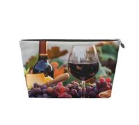 Trousse de maquillage de voyage en cuir avec galsses de vin rouge et raisins avec impressions en bois - Trousse de toilette étanche avec fermeture éclair dorée pour un usage quotidien et les voyages
