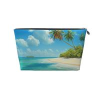 Trousse de maquillage de voyage en cuir avec île avec imprimé plage de sable et palmiers, fermeture éclair dorée étanche, trousse de toilette pour un usage quotidien et les voyages, Argenté., Taille
