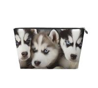 Trousse de maquillage de voyage en cuir avec imprimé chiots husky - Fermeture éclair dorée - Étanche - Pour un usage quotidien et les voyages, Argenté., Taille unique, Trousse de toilette
