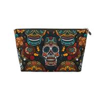 Trousse de maquillage de voyage en cuir avec imprimé crânes en sucre coloré - Fermeture éclair dorée étanche pour un usage quotidien et les voyages, doré, Taille unique, Trousse de toilette