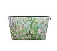 Trousse de maquillage de voyage en cuir avec imprimé de jardin d'herbes aromatiques printanières - Trousse de toilette étanche avec fermeture éclair dorée pour un usage quotidien et les voyages