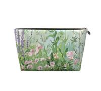 Trousse de maquillage de voyage en cuir avec imprimé de jardin d'herbes aromatiques printanières - Trousse de toilette étanche avec fermeture éclair dorée pour un usage quotidien et les voyages, doré