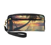 Trousse de maquillage de voyage en cuir avec imprimé hamac de plage en noix de coco pour femme et fille, Noir , Taille unique, Trousse de maquillage