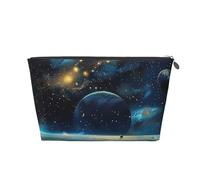 Trousse de maquillage de voyage en cuir avec imprimé lune, étoiles et planètes - Fermeture éclair dorée étanche pour un usage quotidien et les voyages, Argenté., Taille unique, Trousse de toilette