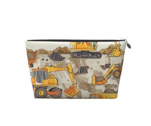 Trousse de maquillage de voyage en cuir avec imprimés de camions de chantier - Trousse de toilette étanche avec fermeture éclair dorée pour un usage quotidien et les voyages, Argenté., Taille unique