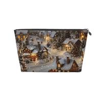 Trousse de maquillage de voyage en cuir avec imprimés de village de Noël - Trousse de toilette étanche avec fermeture éclair dorée pour un usage quotidien et les voyages, Argenté., Taille unique