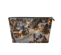 Trousse de maquillage de voyage en cuir avec imprimés de village de Noël - Trousse de toilette étanche avec fermeture éclair dorée pour un usage quotidien et les voyages, doré, Taille unique, Trousse