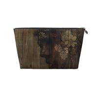 Trousse de maquillage de voyage en cuir avec planche en bois et impressions artistiques pour femme - Trousse de toilette étanche à fermeture éclair dorée pour un usage quotidien et les voyages