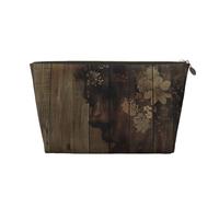 Trousse de maquillage de voyage en cuir avec planche en bois et impressions artistiques pour femme - Trousse de toilette étanche à fermeture éclair dorée pour un usage quotidien et les voyages, doré