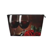 Trousse de maquillage de voyage en cuir avec rose rouge et vin - Motif romantique - Fermeture éclair dorée - Étanche - Pour un usage quotidien et les voyages, Argenté., Taille unique, Trousse de