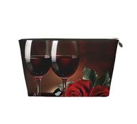 Trousse de maquillage de voyage en cuir avec rose rouge et vin - Motif romantique - Fermeture éclair dorée - Étanche - Pour un usage quotidien et les voyages, doré, Taille unique, Trousse de toilette