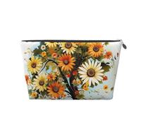 Trousse de maquillage de voyage en cuir pour femme - Motif arbre floral avec marguerites, tournesols et papillons - Grande trousse de maquillage avec fermeture éclair, Argenté., Taille unique