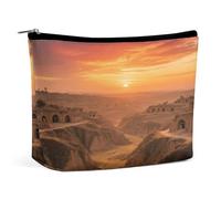 Trousse de maquillage de voyage en cuir synthétique avec fermeture éclair - Grande trousse de toilette étanche et portable - Motif coucher de soleil sur le plateau nord-ouest de Loess