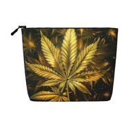Trousse de maquillage de voyage en imitation lin avec imprimé cannabis doré, étanche, organiseur pour femme, Noir , Taille unique, Trousse de maquillage