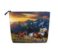 Trousse de maquillage de voyage en imitation lin avec imprimé cheval qui coule - Étanche - Pour femme, Noir , Taille unique, Trousse de maquillage
