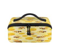 Trousse de maquillage de voyage en nid d'abeille avec motif abeilles de dessin animé, pochette étanche et ouverte, trousse de toilette plate ouverte pour produits de toilette cosmétiques organisateur