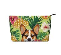 Trousse de maquillage de voyage en velours côtelé imprimé patte de chien pour femmes, mamans, filles, Corgi Hawaïen Tropical Summer Ananas, Taille unique, Trousse de toilette