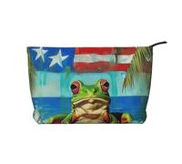 Trousse de maquillage de voyage en velours côtelé imprimée drapeau de Porto Rico grenouille palmiers pour femme avec dragonne, Noir , Taille unique, Trousse de maquillage