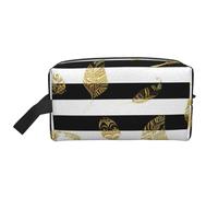 Trousse de Maquillage de Voyage Grande capacité à Rayures Noires et Blanches et Feuilles d'or pour Femme