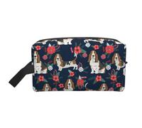Trousse de Maquillage de Voyage Grande capacité pour Femme, Motif Basset Hound, Bleu Marine et Coquelicot