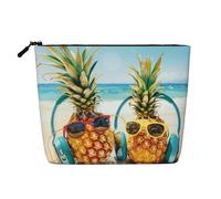 Trousse de maquillage de voyage imprimée avec deux ananas sur la plage - En lin synthétique - Étanche - Pour femme, Noir , Taille unique, Trousse de maquillage