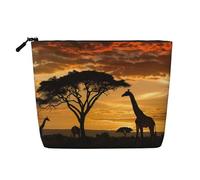 Trousse de maquillage de voyage imprimée girafe et arbres au crépuscule en Afrique imitation lin étanche pour femme, Noir , Taille unique, Trousse de maquillage