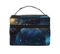 Trousse de maquillage de voyage imprimée lune, étoiles et planètes, organiseur de maquillage portable spacieux avec poignée, grande capacité, cadeau pour femmes et filles, Noir , Taille unique