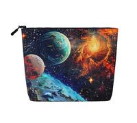 Trousse de maquillage de voyage imprimée planètes spatiales imitation lin étanche pour femme, Noir , Taille unique, Trousse de maquillage